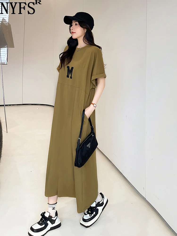 

NYFS 2024 Summer New Korea Woman Dress Vestidos Robe Ete Femme Elbise Loose Plus Size Short Sleeve Long Dresses L-3XL