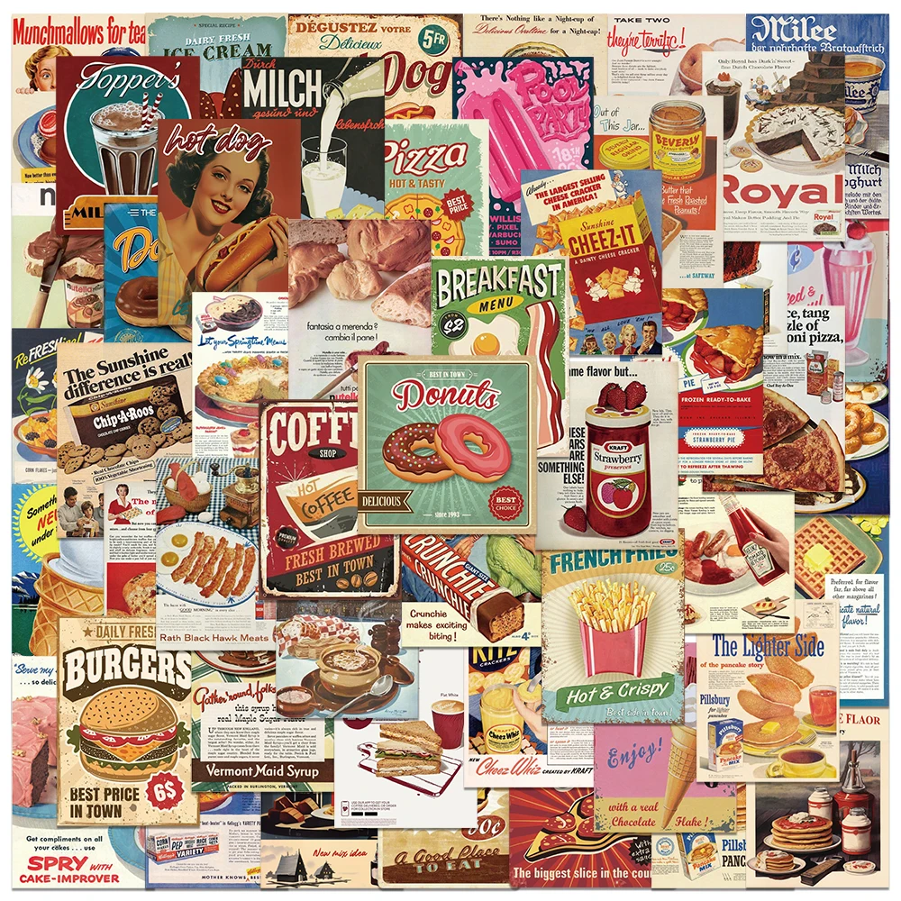 50pcs Retro POP Style Food Promotional Mini Poster Cover Stickers Decal DIY Diary Suitcase Fridge Phone Laptop Bike Car Sticker