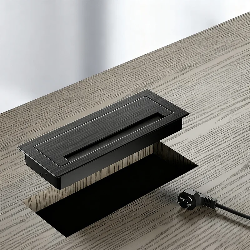 1Pcs 90-300mmAluminum Alloy Table Hole Cover with Black Brush Table Threading Box Desktop rectangular Hole Guard Ring For Office