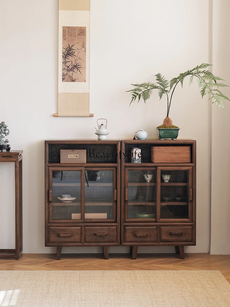 

New Chinese side cabinet Solid wood display Tea room storage cabinet with lamp