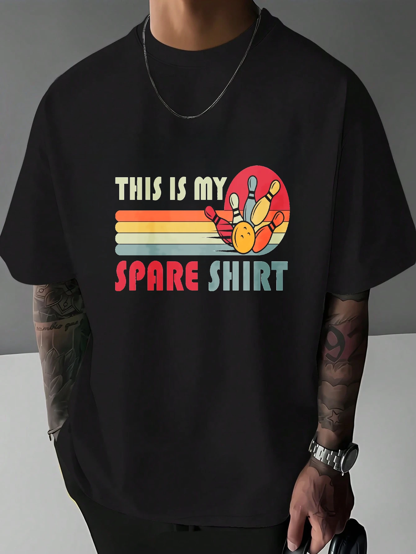 Mens Retro Bowling Spare Shirt Graphic T Shirt Vintage Stripes Letter Print Short Sleeve Crew Neck Casual Cotton Male Daily Tee