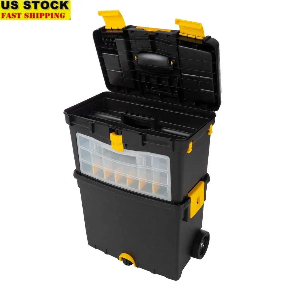 

Portable Rolling Tool Box with Wheels 24 Compartments Movable Trays Cable Hooks Deep Storage Rugged Design DIY Home Maintenance