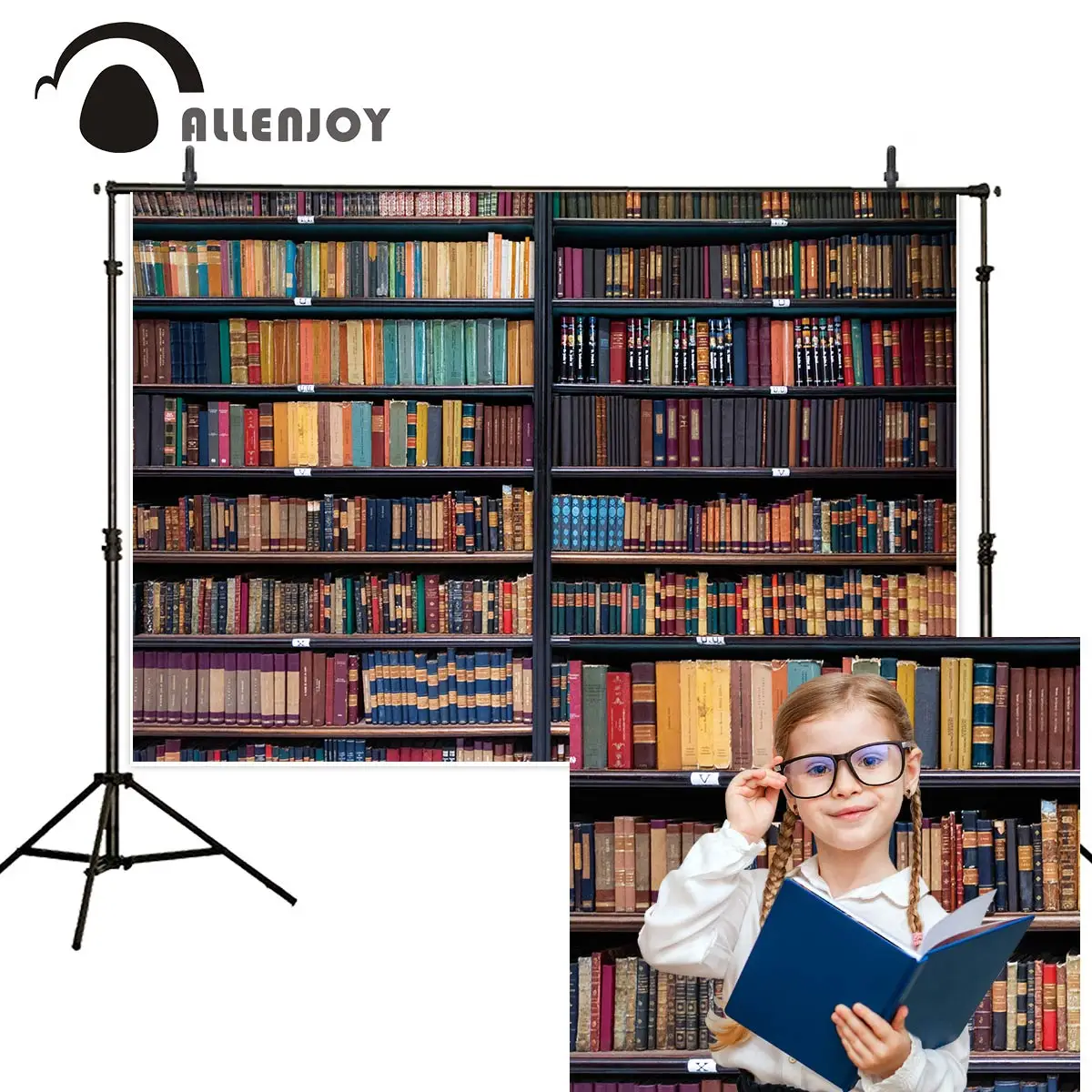 Allenjoy คลาสสิก Bookshelf ฉากหลัง Library ตู้หนังสือไม้ตกแต่งวอลล์เปเปอร์ศึกษาเด็กภาพพื้นหลัง