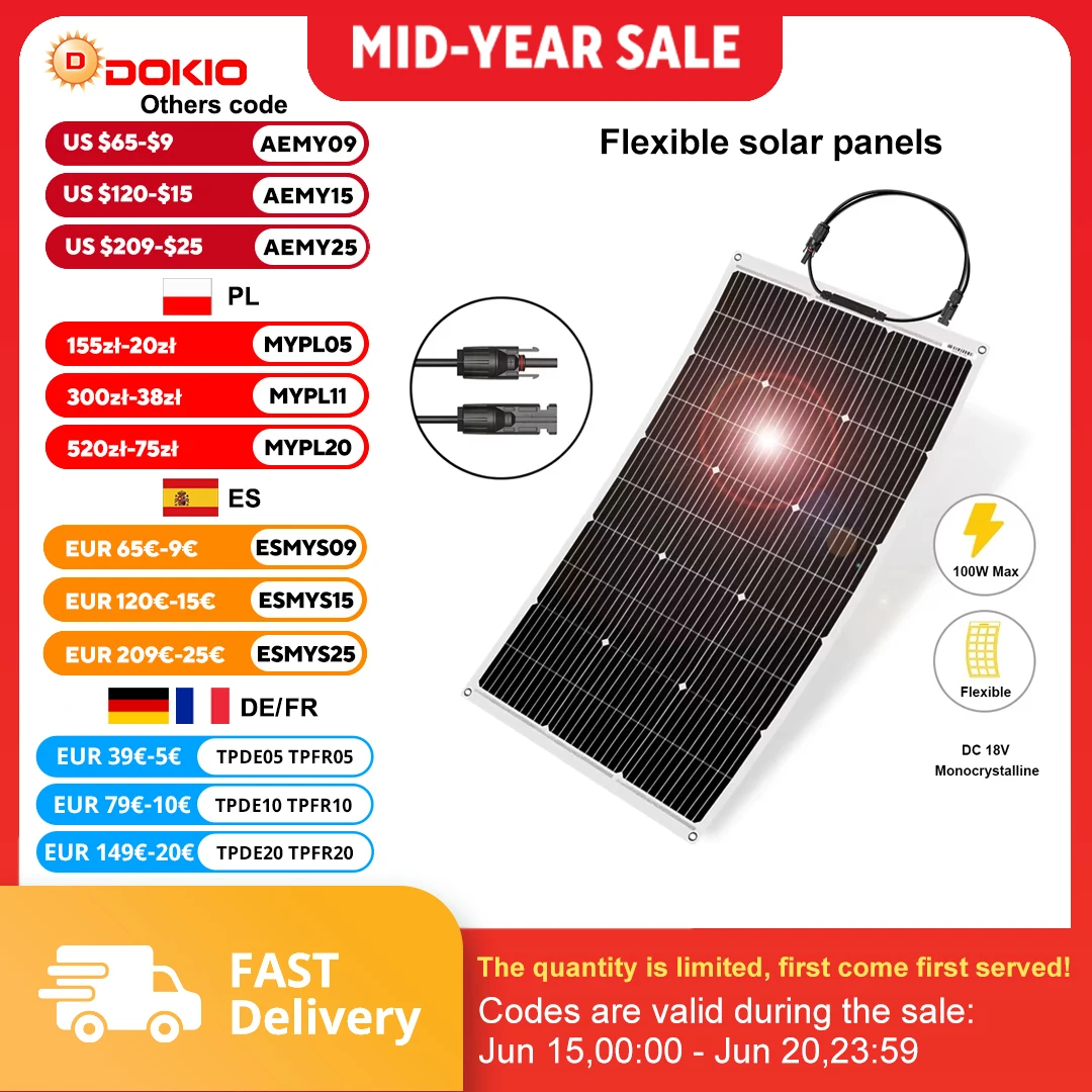 DOKIO Flexibles Solarmodul 18V 100W ETFE Mono, Festmontage-Panel für RV & Marine 12V Systeme, Controller Optional