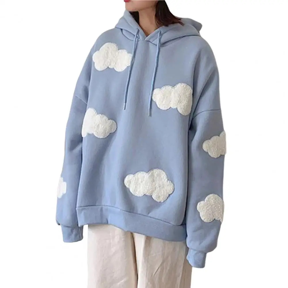 Women Autumn Hoodie Loose Hooded Long Sleeves Cloud Print Cartoon Keep Warm Drawstring Loose Plush Lady Winter Hoodie