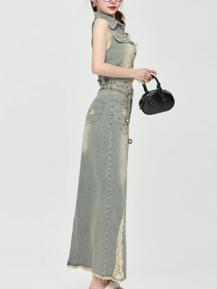 

Summer Fashion Two Piece Set Women’s Denim Jacket Vest Long Skirt High Waist Streetwear