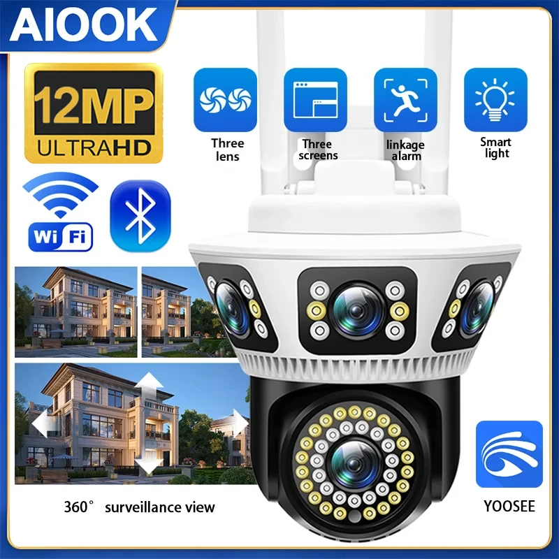 AIOOK YOOSEE HD 12MP 4K IP CCTV 야외 방수 보안 카메라, 야간 투시경, 양방향 인터콤, 모바일 모니터링 알람, 360 ° PTZ