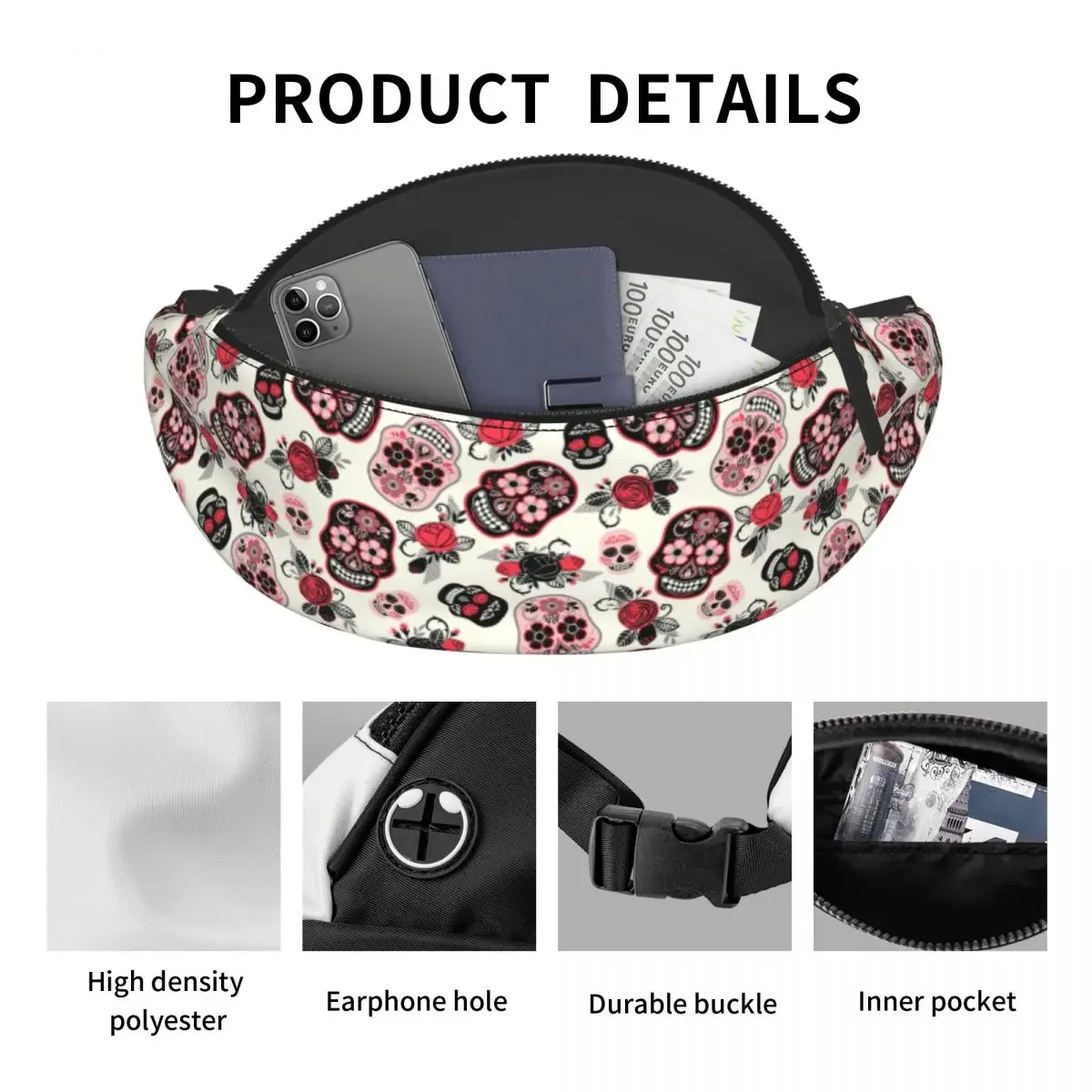 Calavera Skulls Flower Fanny Pack Women Men Fashion Mexican Floral Crossbody Waist Bag for Travel Phone Money Pouch