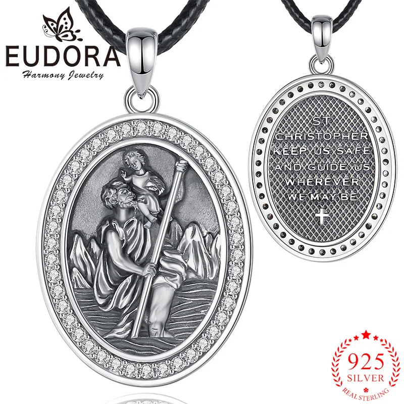 

Eudora 925 Sterling Silver Saint Christopher Necklace for Men Women Exquisite Zircon Pendant Cross Amulet Christian Jewelry Gift