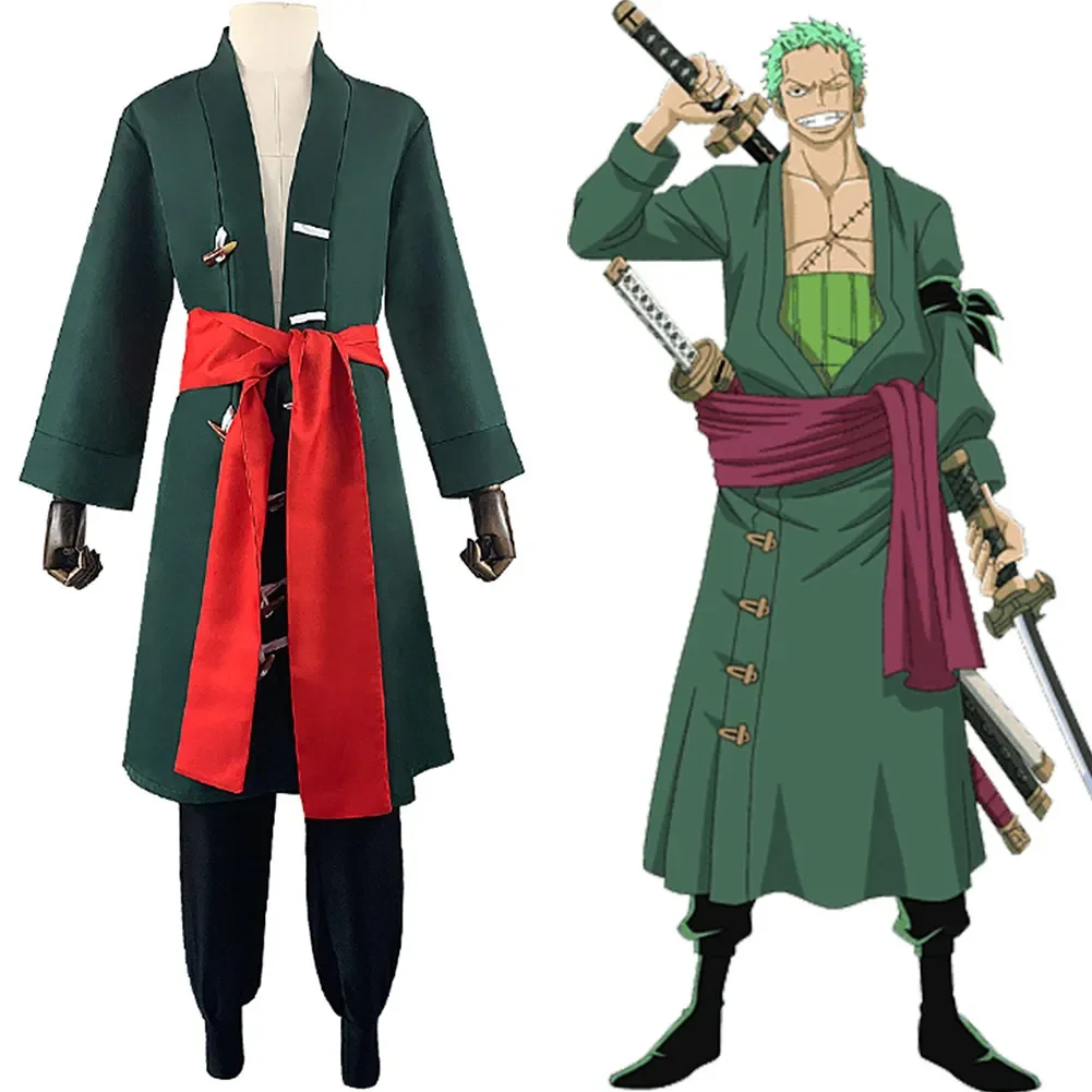 Disfraz de Anime Roronoa Zoro, uniforme tipo kimono, pantalones, trajes, traje de Carnaval de Halloween