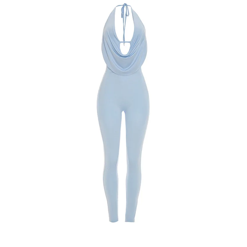

European and American style women's spicy girl style backless solid color swinging collar hanging neck strap tight jumpsuit