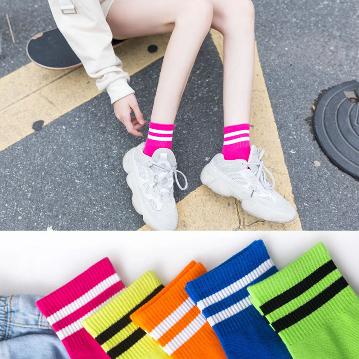 5 Pairs Women Socks Mixed-color Casual Striped Breathable Cotton Socks Simple Trendy Casual Basic Girls Striped Cotton Socks