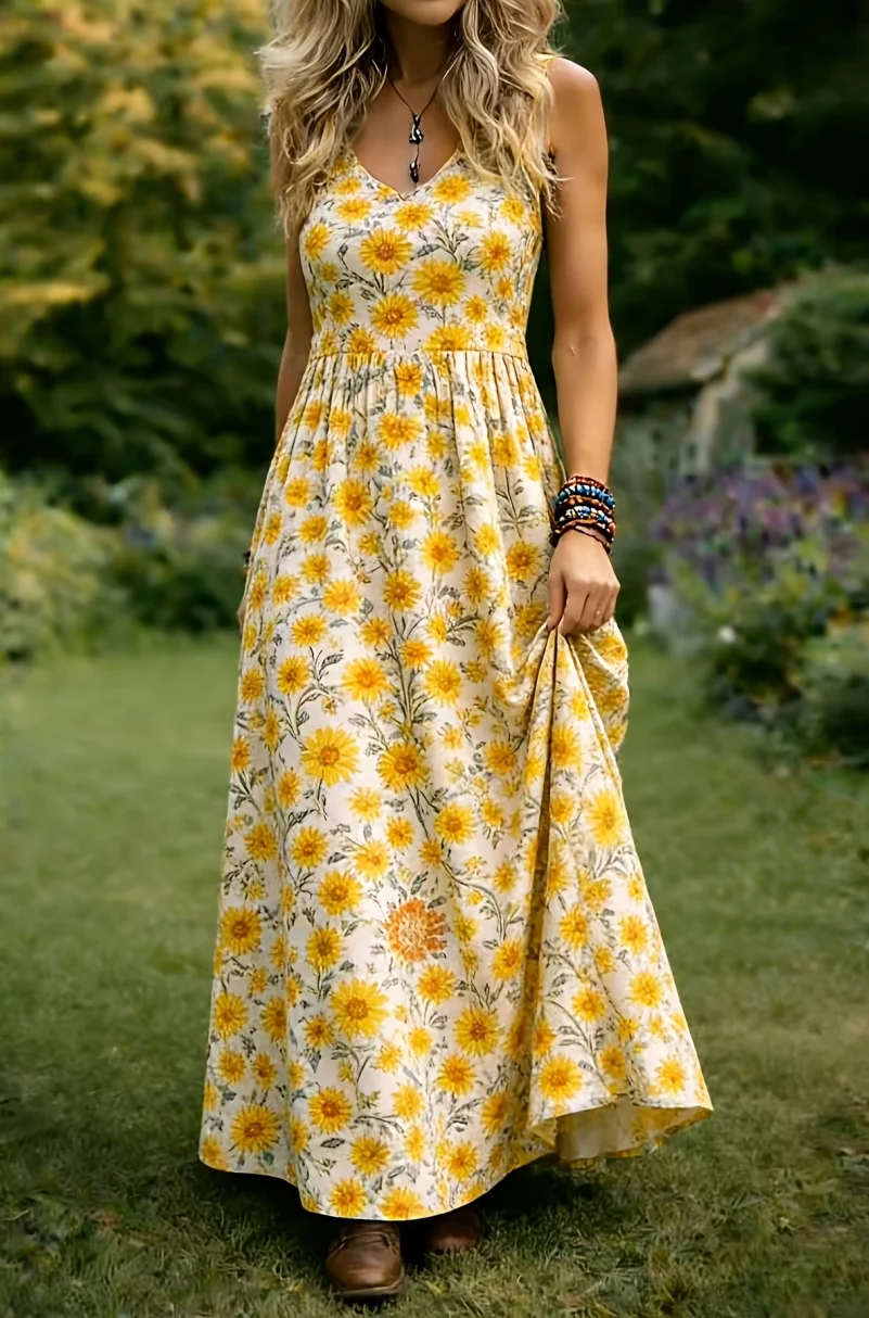 2D Flat Print Women's Vintage Elegant Sleeveless Dress, V-Neck Floral A-Line Flowy Long Dress, Machine Washable, Suitable for Casual Wear and Vacation Outfits