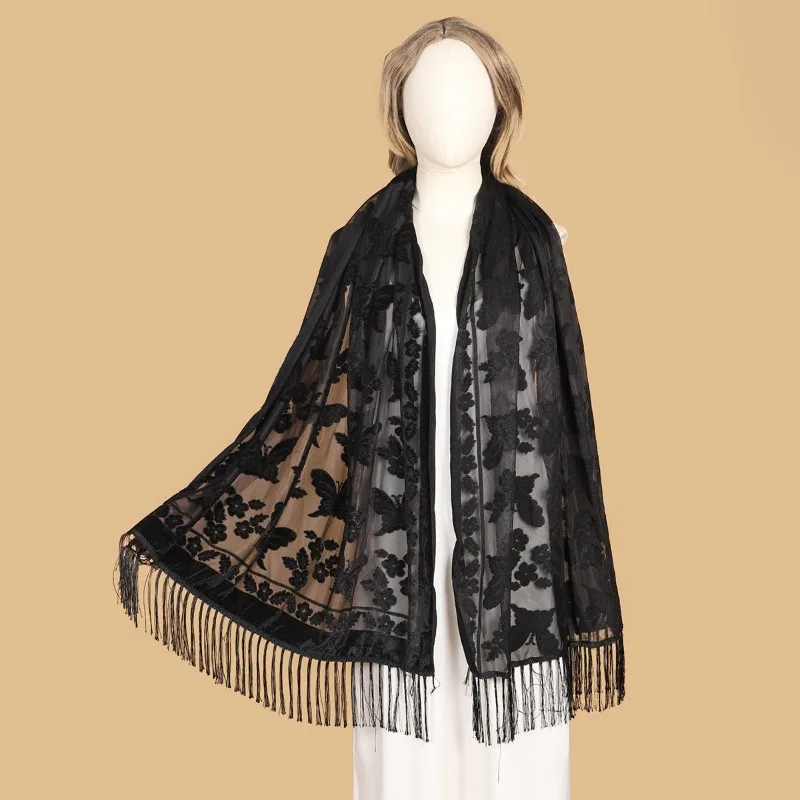 

New Elegant Women's Butterfly Floral Velvet Cheongsam Shawl, Versatile Evening Banquet Shawl, Long Fringe Scarf