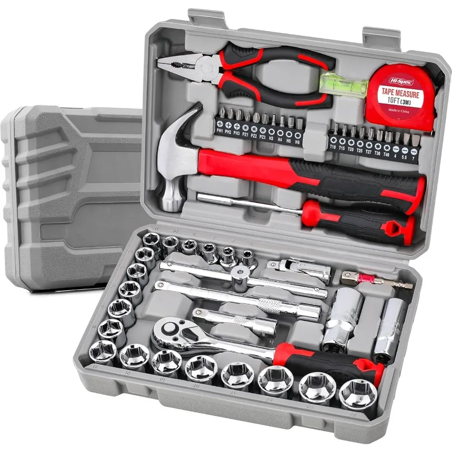 

52pc Home Garage Mechanics DIY Tool Kit Set with Metric Sockets Ratchet Wrench Screwdriver Bit Set Pliers and Spark Plug Access