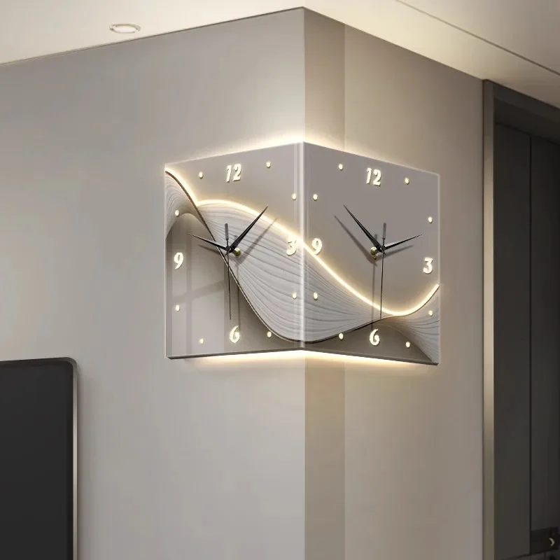 Modern simple corner lamp double-sided clock household living room corner led stereo clock punch-free corner wall clock