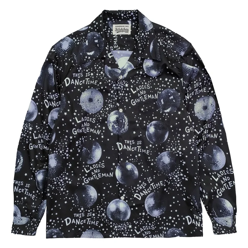 Red Black Brand WACKO MARIA High Quality Digital Print DISCO Mirrorball Pattern Hawaii Mens Womens Long Sleeve Shirt