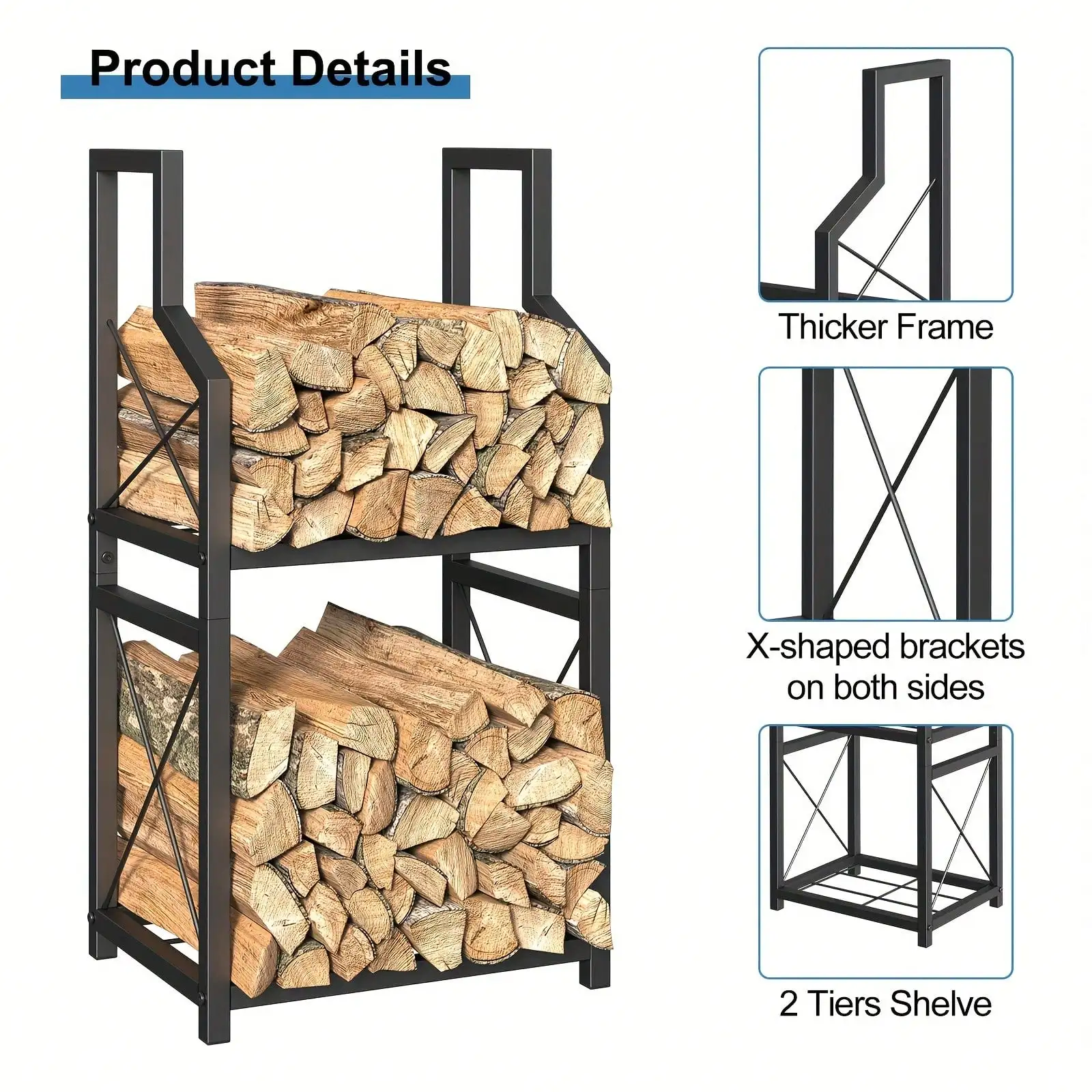Heavy Duty Metal Firewood Rack - Space-Saving Log Holder For Fireplace, Matte Black Wood Pile Storage Organizer & Stacker, Suitable For Indoor Living Room, Outdoor Patio, Backyard, Garage & Porch