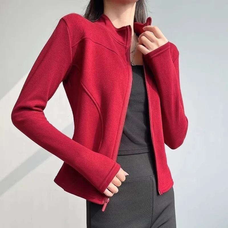 

Slim Fit Fleece Yoga Jacket for Women - Cozy Long Sleeve Workout Top, Autumn Winter Running Sports Coat w1984