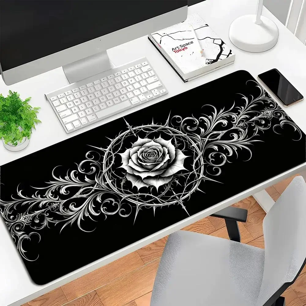 Black Background Silver Thorn Rose Gothic Ornament Playmat Dark Vintage Symmetrical Pattern Slip Mat For Laptop Desk