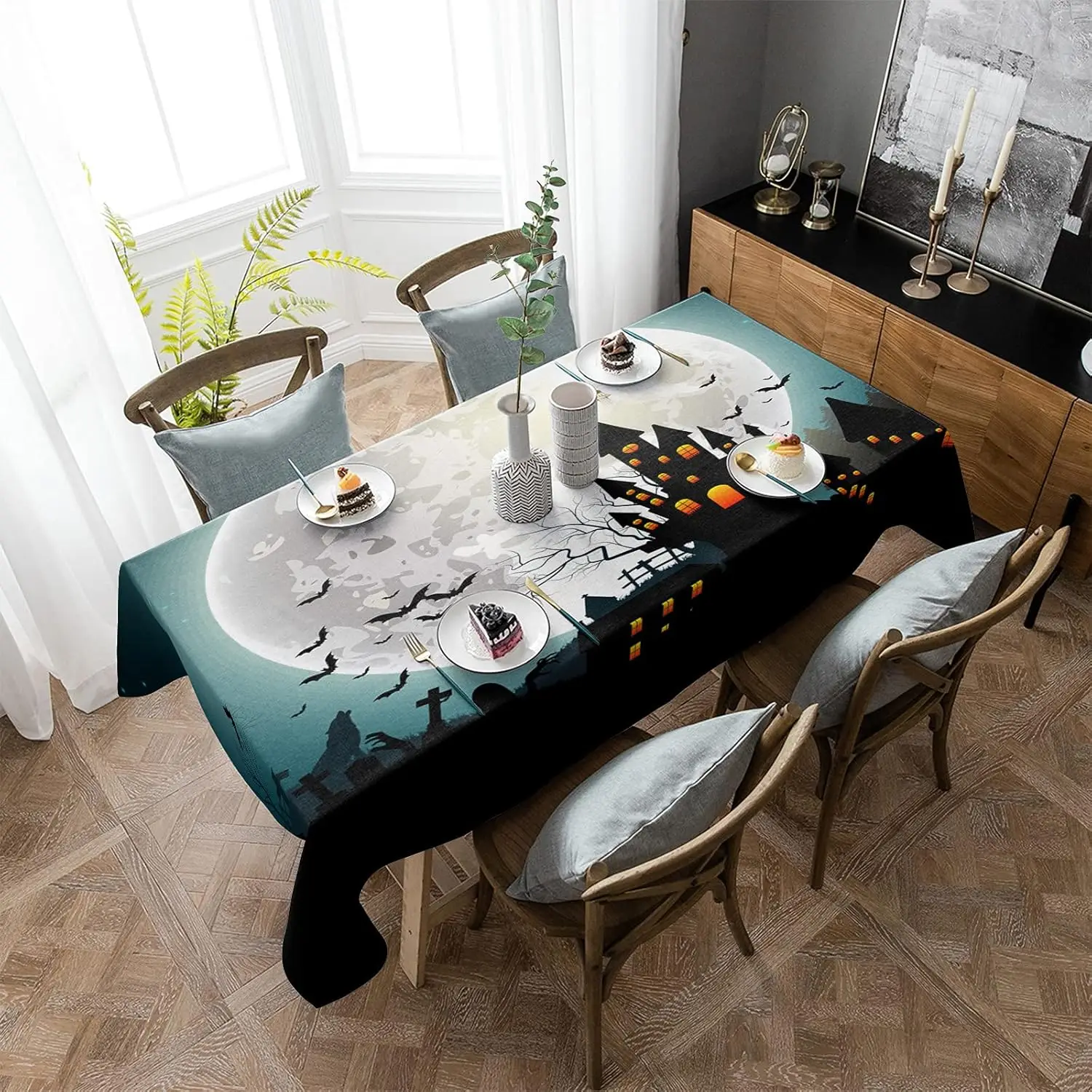 Halloween Haunted House Bats Moon Waterproof Tablecloth Party Decor Reusable Kitchen Dining Tablecloth Halloween Decorations