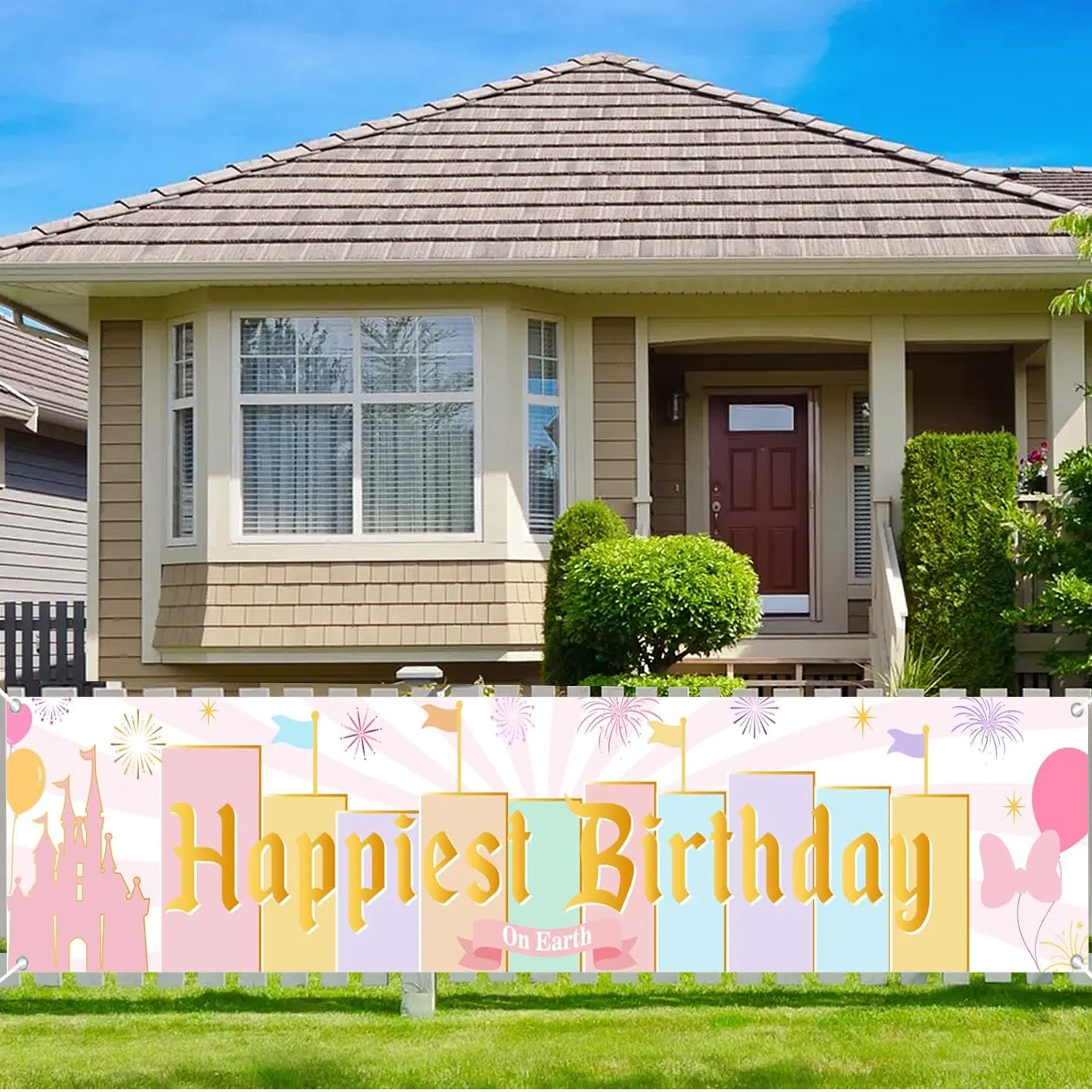 Happiest Birthday on Earth Banner - Princess Castle Birthday Party Yard Backdrop, Pastel Rainbow Stripes Magical Background Deco