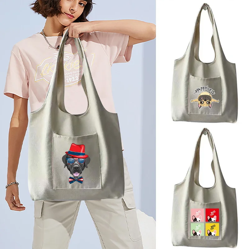 Portable Canvas Single Shoulder Bag Dog Print Vest Style Tote Bag For Daily Commute And Weekend Outing