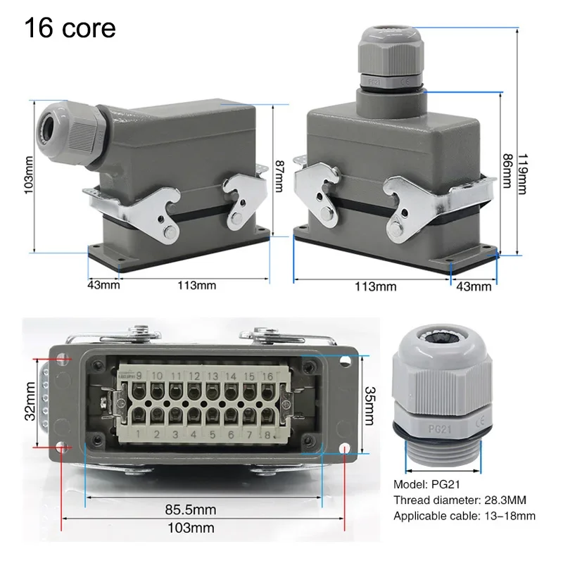 Rectangular Heavy Duty Connector HDC-HE-4/6/10/16/20/24/32/48 Core 16A 500V Waterproof And Dust Proof  Aviation Plug Socket