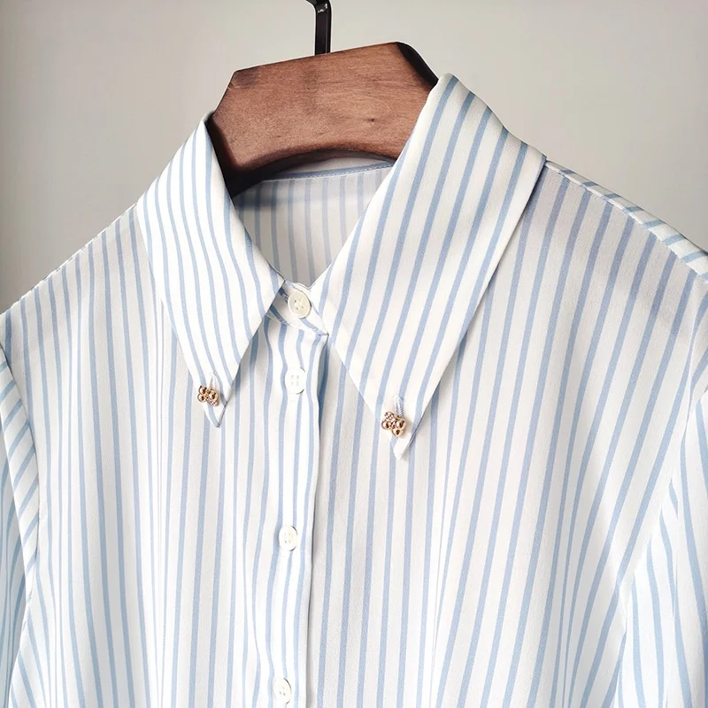Birdtree,16MM 100% Real Silk Blouse,Women's Double Crepe Stripe Full Sleeve Tops,Single Breasted,2026 New Loose Shirt T61420JF