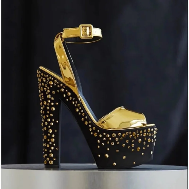 Sexy Super Hoge Hak Platform Sandalen 2025 Nieuwe Diamond Decor 17 Cm Dikke Hak Zwart Gouden Peep Toe Sandalen voor Vrouwen