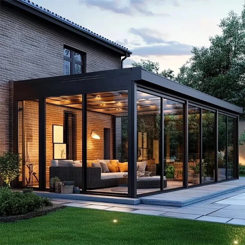Insulated Windproof Aluminum Alloy Sunroom Glass House Retractable Movable Conservatory with Flat Roof for Outdoor Use