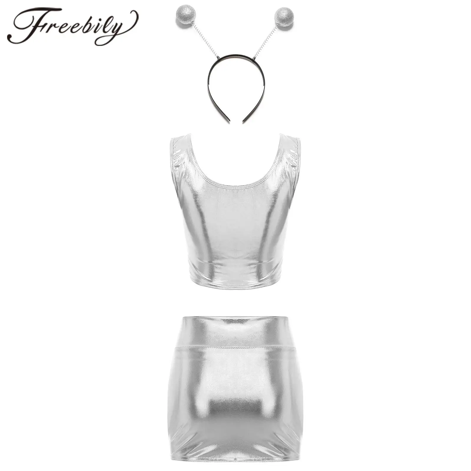 

Women Wetlook Alien Outfits Robot Costume Shiny Metallic Outer Space Fancy Dress Top Mini Skirt