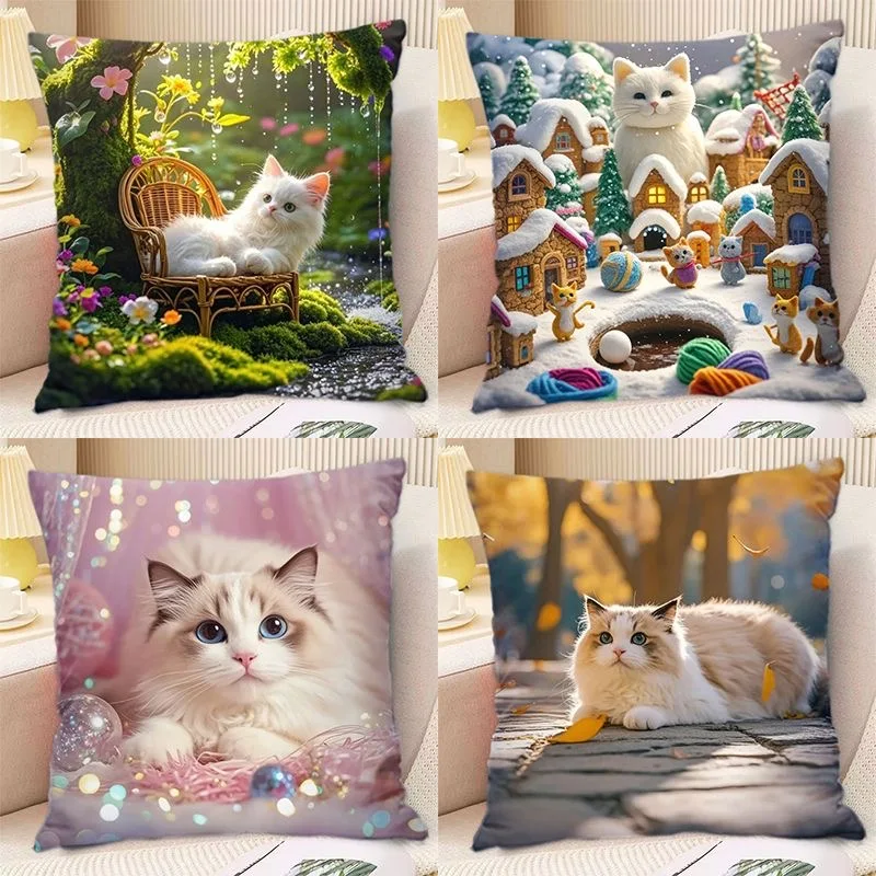 Home Decor Cute Cats in Fantasy Scenes Throw Pillow Covers Pattern Cushion Cover Suitable for Sofa Bedroom Car Pillow Cover
