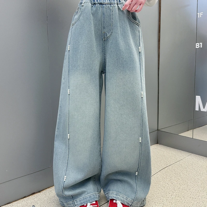 حار بيع الاطفال الخريف واسعة الساق الجينز مع اللؤلؤ لفتاة التوأم أزياء الشارع الأزرق الدنيم السراويل الأطفال جينز غير رسمي السراويل #6