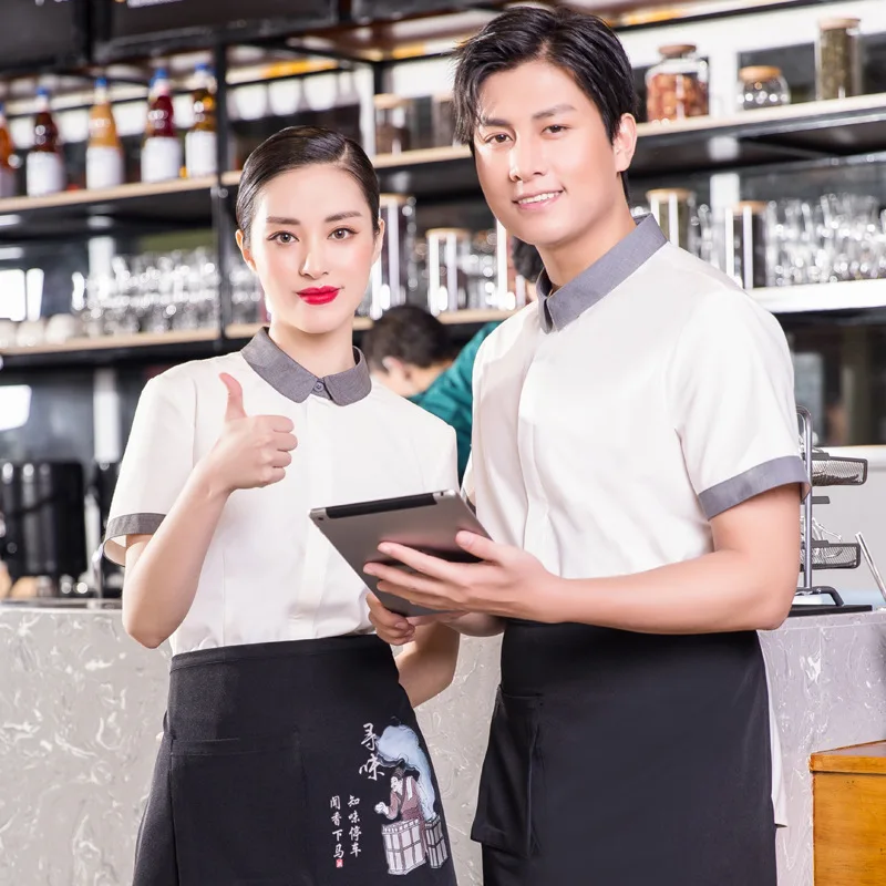 

Star Hotel Waiter Short Sleeve Summer Cotton Breathable Thin Coffee Shop Bar Overalls Club Uniform Printing