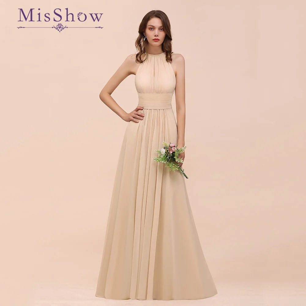 

MisShow Elegant Chiffon Jewel Pleated Champagne Bridesmaid Dresses Custom Made A Line Long Formal Prom Gowns For Wedding Party