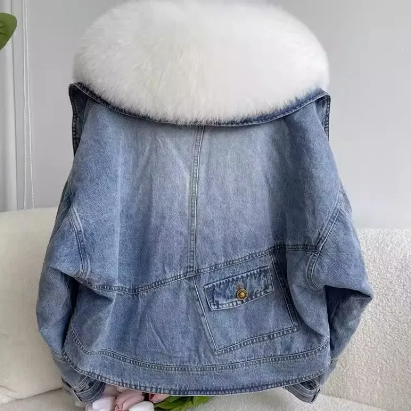 Winter Thickened Short Denim Jacket Fashion  Parkas Jeans Jacket Luxury Fur Coat Removable Fur Collar Cotton Jacket New