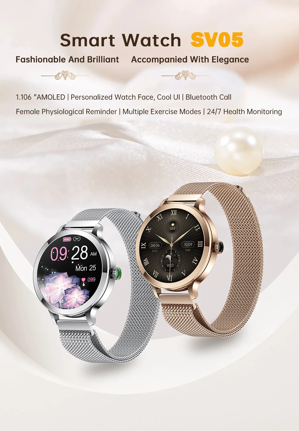 SV05 Fashion Smartwatch 1,16 cala HD duży okrągły ekran BT połączenie kobiety przypomnienie fizjologiczne monitorowanie zdrowia kobiety inteligentny zegarek