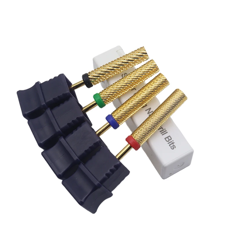 Long Barrel Flat Top Gold Carbide Nail Drill Bit 3/32 Inch Dual Direction Tungsten Bit for Gel And Acrylic Removal