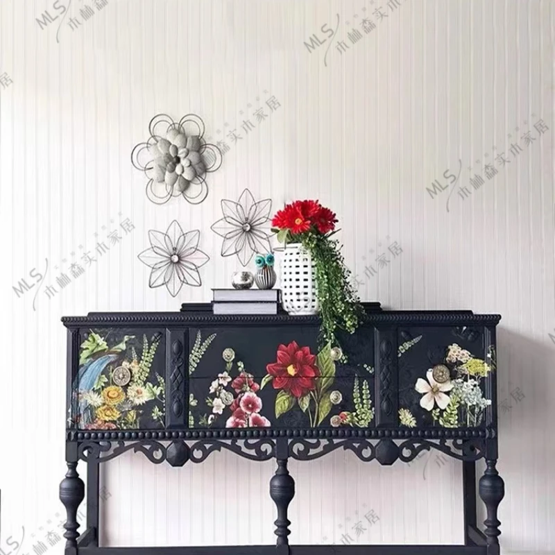 

Rural retro solid wood hand-painted decorative cabinet carving