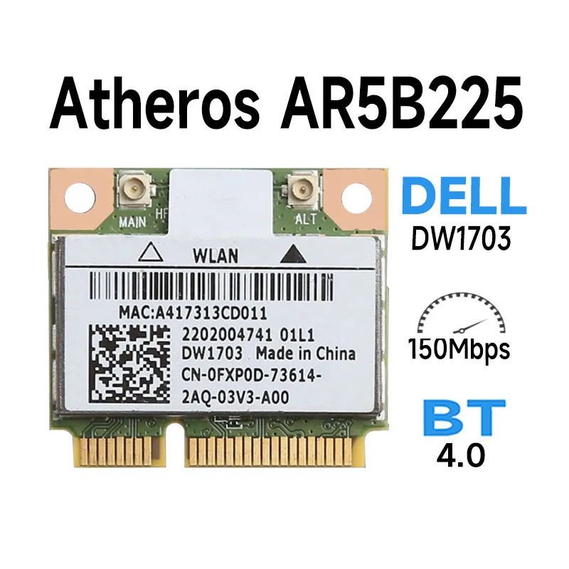 Placa de Rede Mini PCIe Atheros AR5B225 DW1703 802.11b/g/n Compatível com Dell Vostro 470 2420 2710 V1440 1450 1540 1550 Peça de Reposição para Notebook