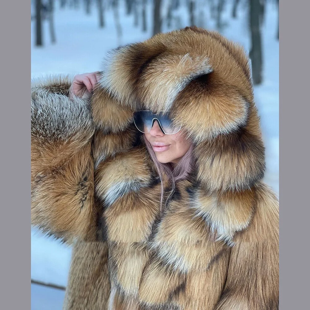 90cm Luxury Winter Women Real Red Fox Fur Hood Coat Nature Fur Thick Warm Jacket women's clothing trend 2024 New in coats