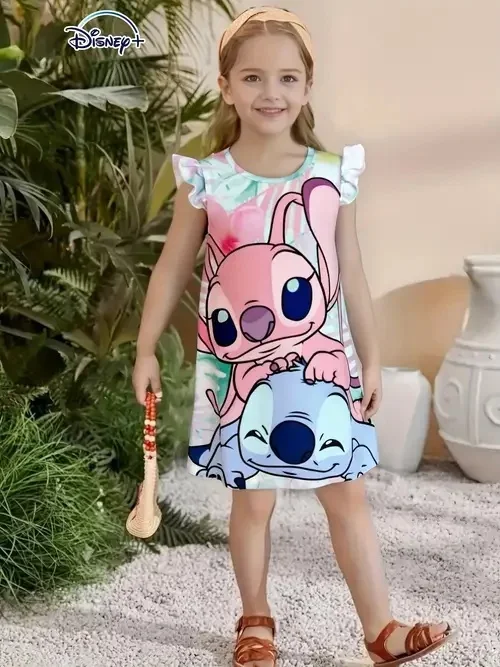 

2025 Summer Girls Short Sleeve Dress Cute Stitch 3d Printed Kids Skirt Fashion Trend Performance Clothing Breathable Casual Wear