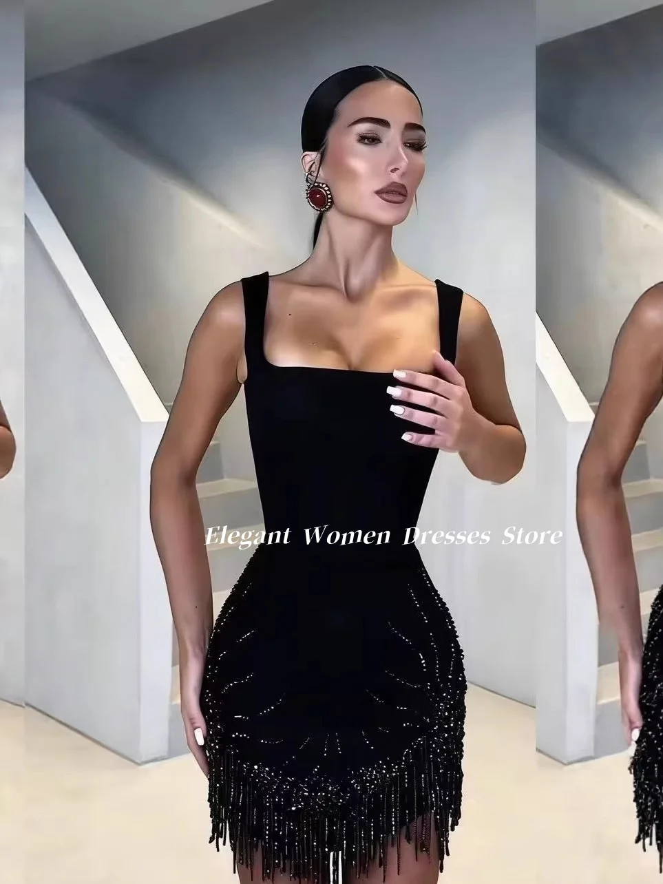 robe-de-soiree-2026-noire-a-col-carre-mini-robe-bandage-moulante-sans-manches-avec-perles-et-pompons-robe-de-fete-formelle-personnalisee