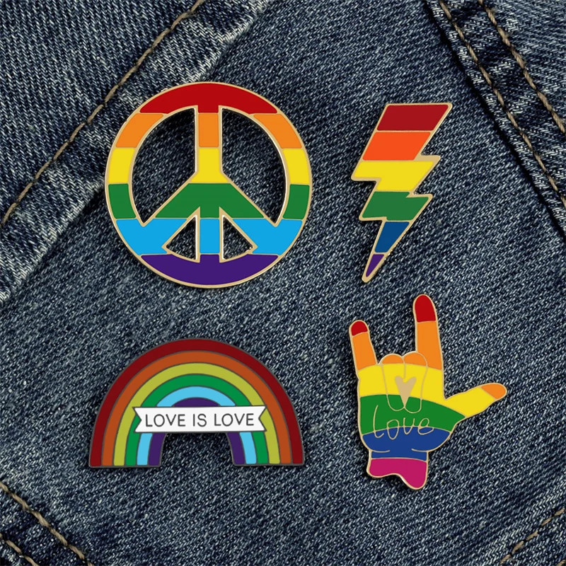 Love is Love Rainbow Enamel Pins LGBT Pride Hand Peace Lightning Brooches Bag Clothes Lapel Pin Gay Lesbian Metal Badge Jewelry