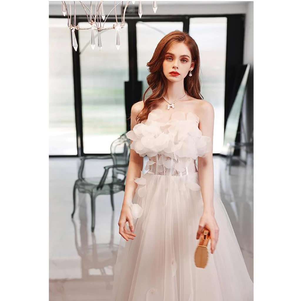 Off White Strapless Prom Jurken Boothals Mouwloze 3D Applicaties Vintage Tulle Een Lijn Slanke Vrouwen Elegante Partij Jassen 2023 nieuwe