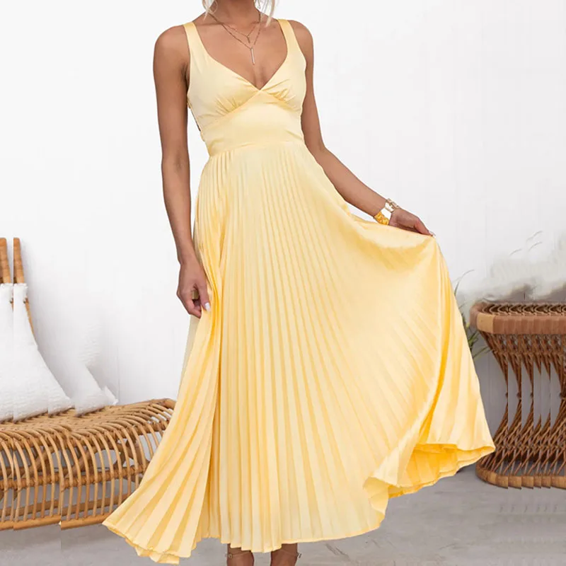 Women High Waist Solid Pleat Dresses Summer Elegant Strap Loose Solid Sleeveless Party Dress Fashion V-Neck Holiday Long Dress