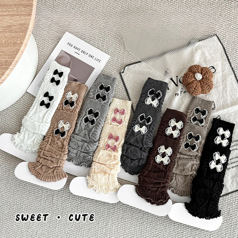 

Зимние детские носки для девочек 2025 года с двойными бантами, осенние вязаные гетры, милые напульемые детские носки до середины икры с дизайном ленты