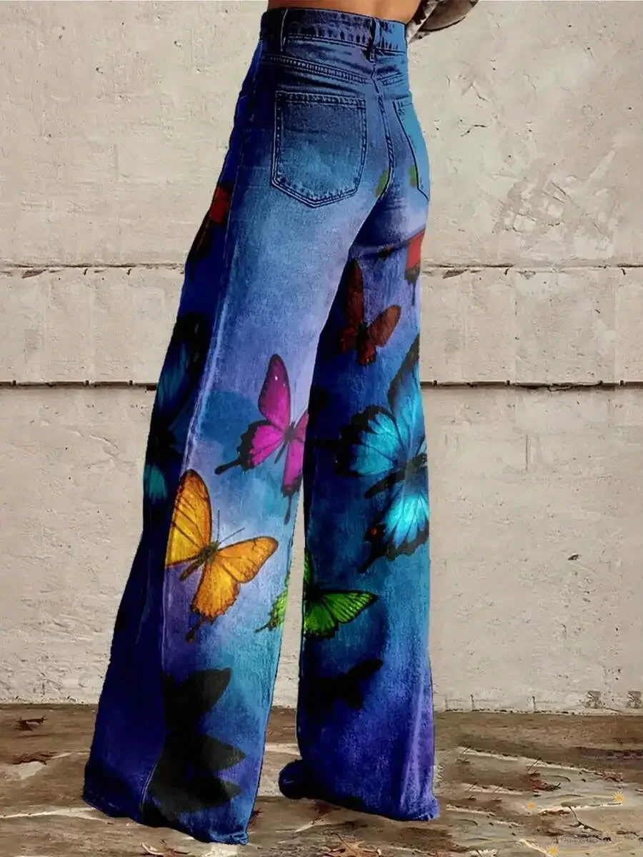 

Plus Size Women Blue Purple Color Block Wide Leg Jeans Pink Butterfly Print Retro Loose H-Line Trousers