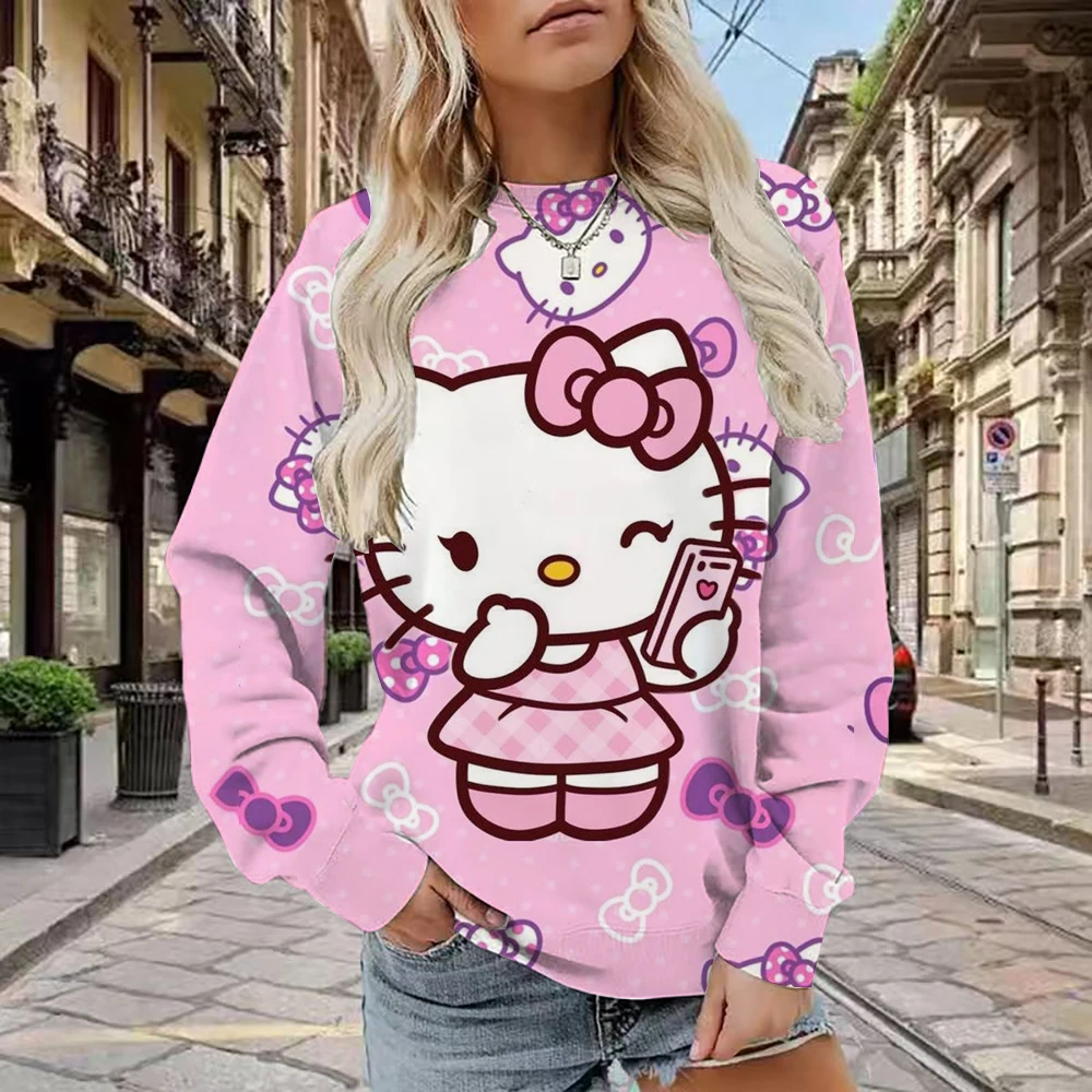 سويت شيرت نسائي منقوش عليه Hello Kitty، بلوفر مريح بأكمام طويلة، تصميم كرتوني برقبة دائرية، نمط كاجوال للخريف أ #5